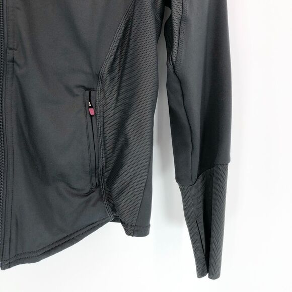 Hylete Jacket Womens Medium Gray Red Full Zip Hooded Thumb Holes Workout Gym - Picture 2 of 8